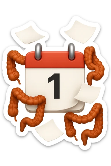 emoji stile iphone di un calendario con fogli che volano insieme a pezzi anatomici di colon umano, iperrealistico 4k, isolato su sfondo bianco sticker