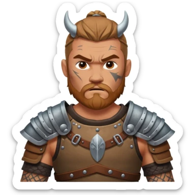 A rugged Viking man with tattooed arms, leather armor, and intense eyes ready for battle.
 sticker