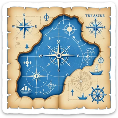 blue blueprint plan with white treasure map symbols and a path sticker