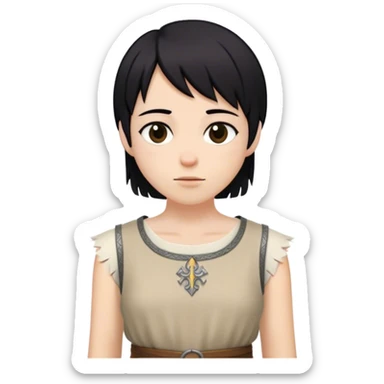 medieval summer outfit worn by a DnD themed fantasy character. basic sleeveless wool tunic with a frayed neckline and a decorative trim. clothes only above the waist. The clothes full waist. The character's haven't arms. character is white-skinned, black hair, brown eyes, short straight hair. sticker