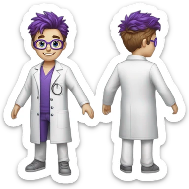 A younge boy with caucasian skin and a lab coat with a blue undershirt, purple crazy hair and goggles sticker
