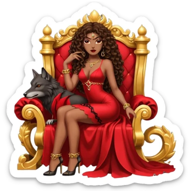 Lilith symbol seductress evil brown curly long hair haired, sexy succubus woman with red and black Chanel dress sitting on a Black and gold throne. A large black wolf laying beside he sticker