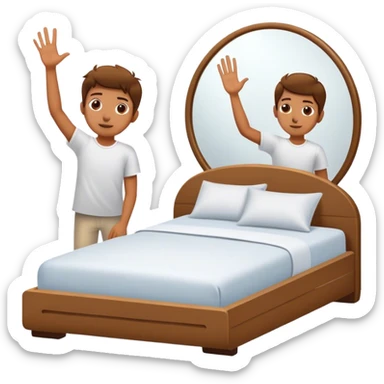 A person stands beside their bed, rolling out groggily with determination. The bed behind them is neatly made, a mirror in front of them shows them high-fiving their reflection. A glowing sunrise outside signals the start of a productive day. sticker