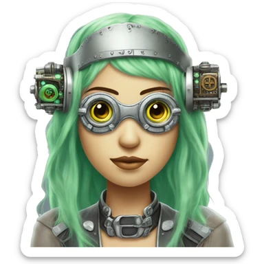 Light green long hair female cyborg head with silver steampunk goggles as a headband, circuits sticker