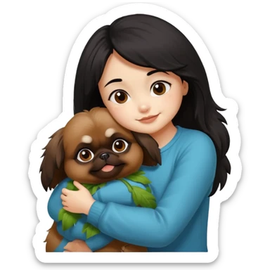 black hair girl hugging cheerfully brown pekingese dog that looks a little bit like brown gremlin sticker