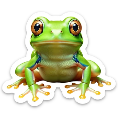 Cinematic Cute Green Tree Frog Portrait Emoji, Head tilted playfully and inquisitively, featuring a charmingly compact form with vivid green, slightly textured skin, prominent sticky toe pads, and round, sparkling eyes full of playful wonder, Simplified yet irresistibly adorable features, highly detailed, glowing with a warm, inviting jungle glow, high shine, affectionate and lively, stylized with a touch of tropical whimsy, soft glowing outline, capturing the essence of a mischievous yet loving frog that seems as if it could hop out of the screen into your arms! sticker