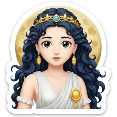 Luna, Goddess of Moon from Roman Deities with long black wavy hair, white sequin toga  sticker