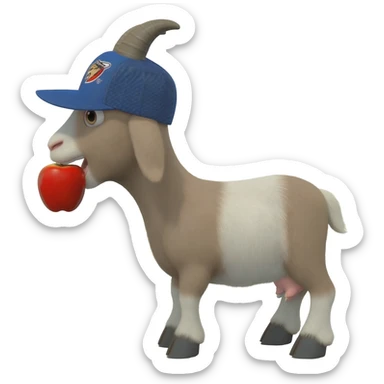 A goat wearing trucker bobcat equipment hat eating an apple. sticker