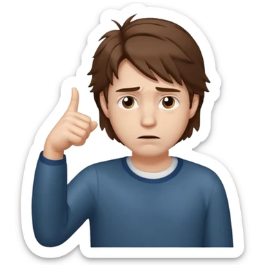 Weak man with disheveled hair pointing to his right sticker