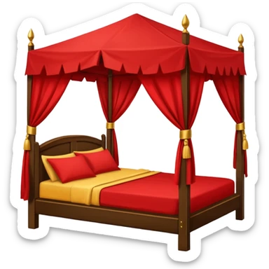 bed with red and gold sheets, wooden, canopy, simple, dark, no-tent sticker