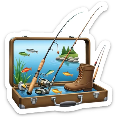 Icon for Fishing Travel: a fishing rod, tackle box, boots, and a boat by a serene lake, with fish jumping out of the water and surrounded by lush nature. The icon should capture the peaceful and adventurous spirit of fishing trips. Transparent background. sticker