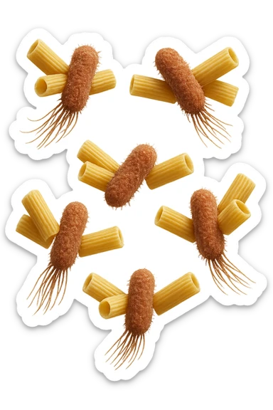SEI BATTERI intestinALI FLUTTUANO IN ARIA CON PENNE DI PASTA RIGATE, IPERREALISTICO 4K sticker