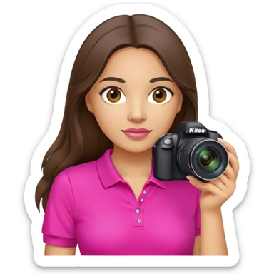 white latin woman with long brunette hair hot pink polo shirt and nikon camera sticker