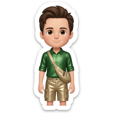 Chris Kratt with brown eyes, dark brown hair, green metallic shirt, beige metallic baggy shorts sticker