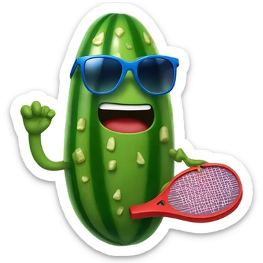 pickle holding a solid red paddle ball racket, blue backgound, wearing sunglasses sticker