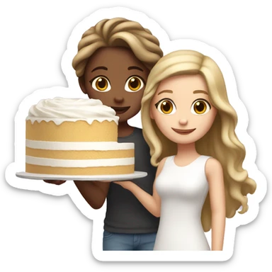 Blond wavy girl with brown straight hair girl together holding big white cake sticker