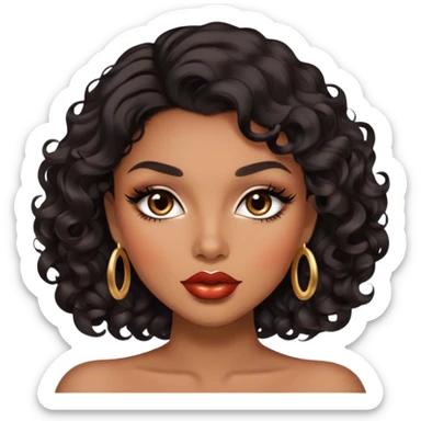 Glamourous, brown skin tone, very beautiful woman, with big plump lips, long long lashes, black curly smooth short hair, brown eyes sticker