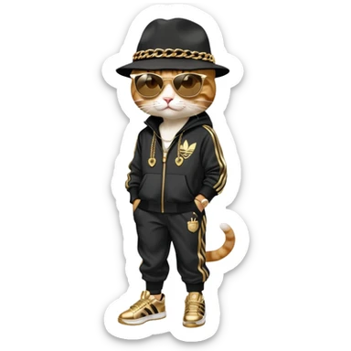 female cat dressed like Run DMC with tracksuit, fedora, Adidas shoes, dark sunglasses, lots of gold chains, upright sticker