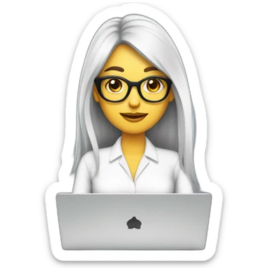 mujer piel blanca pelo largo negro gafas y trabajando en laptop sticker