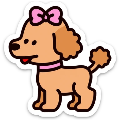 Cute brown poodle dog with a pink bow on its head and tail, with its tongue sticking out, and wearing a pink collar sticker