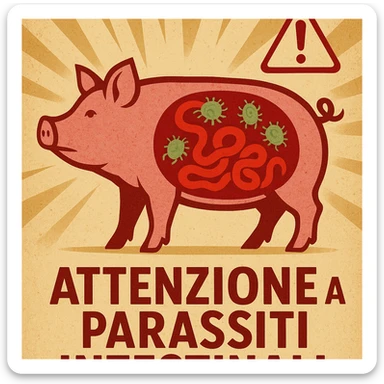 symbolic scene stylized pig with highlighted intestine and presence of parasites health alert atmosphere italian text 'Attenzione ai parassiti intestinali' 4K quality sticker