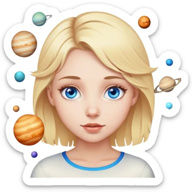 A blonde girl with blue eyes with many planets around her sticker