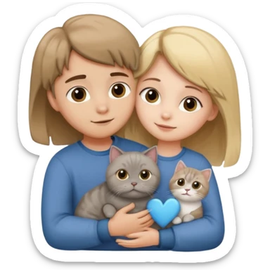 Blonde girl and brown Hair boy hugging a grey scottish fold cat heart sticker