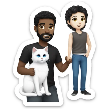 A guy with a black earing and black short hair and black beard and holding a all white Siberian cat with blue eyes  sticker