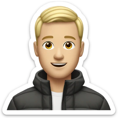 blonde guy with buzz cut hair and with north face coat with a mobile showing to front sticker