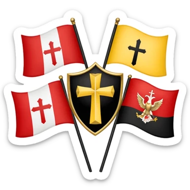 Flags: There are four flags, two on the top and two on the bottom, in the black and gold (yellow) quarters. Each flag features a gold Coptic cross.: In the center, there is a white shield or banner with a red eagle or bird, 
 sticker