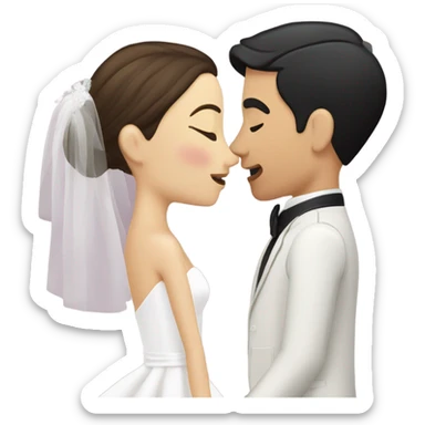 bride of short and brown hair, and groom with black hair and buzz haircut with a scar on his face, kiss sticker
