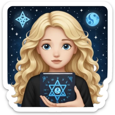 A long wavy haired blonde girl with blue eyes, wearing black, holding astrology chart with Virgo symbol  sticker