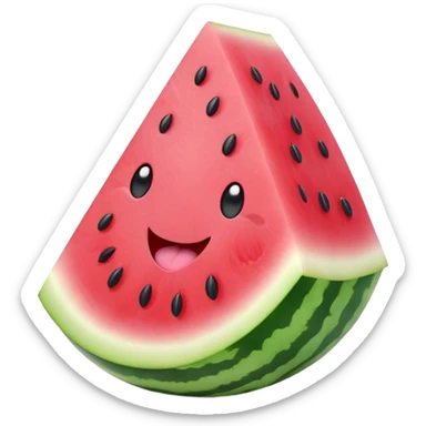 Cute Kawaii Watermelon Slice, juicy and vibrant, soft pastel green rind with pink flesh, tiny black seeds shaped like hearts, an adorable happy face with cute round eyes, bursting with summer energy! sticker