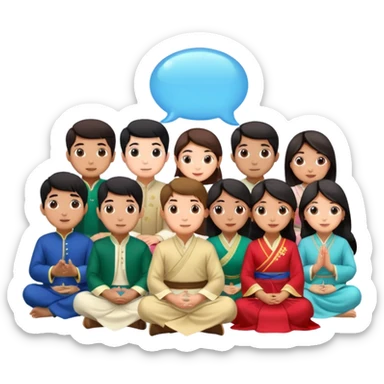 A group of young Pakistani people sitting around and sharing knowledge, with talking bubble of Hong kong sticker