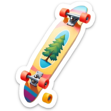 An icon featuring a colorful skateboard resting on a smooth pavement. The background shows a sunny park with trees, a clear sky, and a lively atmosphere. The skateboard's deck is decorated with vibrant designs, emphasizing its dynamic style. Transparent background  sticker