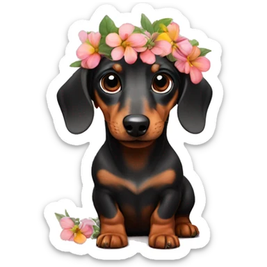 Tiny dachshund with flowers in his mouth sticker