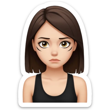 a fair girl with straight brunette hair, black tank top, eyeliner on. Looking sad sticker