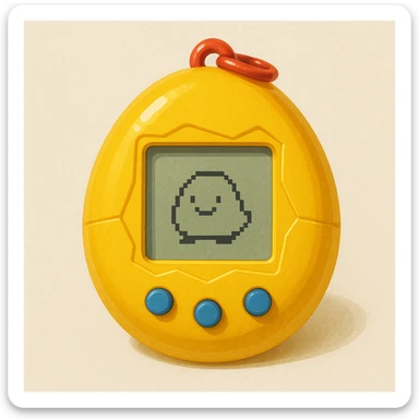 Tamagotchi virtual pet device, simple digital egg shape with small screen and buttons, playful and nostalgic sticker