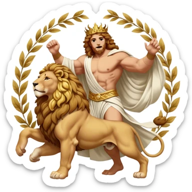 Cinematic Realistic Hercules Portrait, captured in a dramatic lion-wrestling pose that epitomizes raw, heroic strength. His light tan, athletic skin and thick, curly, golden brown hair are showcased as he grapples with a majestic lion, his refined face reminiscent of Michelangelo's David marked by noble determination. Draped in a flowing white robe with understated golden accents and crowned with a classic Greek laurel wreath, dynamic natural lighting accentuates every muscular contour and fierce, commanding expression, embodying the essence of ancient valor. sticker