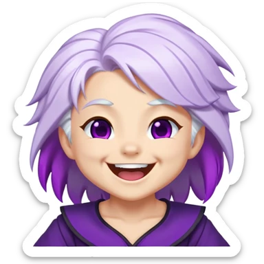 Chibi Sable Ward laughing hard, exaggerated laugh, head tilted back, white hair with purple streaks, fully purple eyes, extremely happy expression sticker