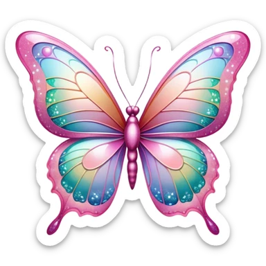 Pastel sparkly pink glittery iridescent rainbow transparent butterfly with detailed intricate patterns sticker