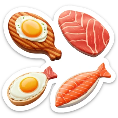 Four separate protein icons: a golden glowing chicken breast, a red meat steak, a smaller salmon fillet, and an egg, each with a subtle DNA strand behind it and muscle fiber pattern around the edges sticker