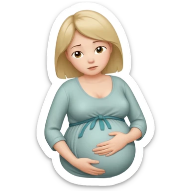 pregnant woman with neatly tied hair looking tired touching her big belly softly and breath slowly sticker