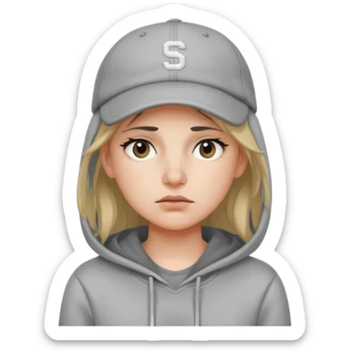 Female tech developer going back to work after christmas holidays, looking tired and wearing a hoodie and a baseballcap that says "SVT" sticker