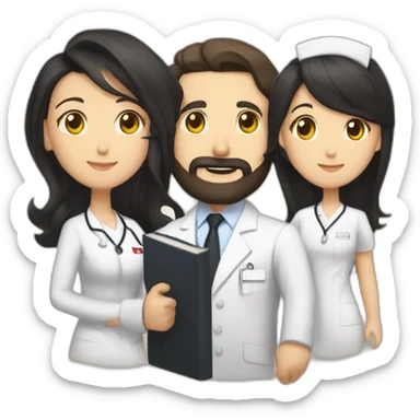 husband american 55 dark hair trimmed beard business suit pastor holding bible, wife asian age 55 black shoulder length hair wearing nurse, no children sticker