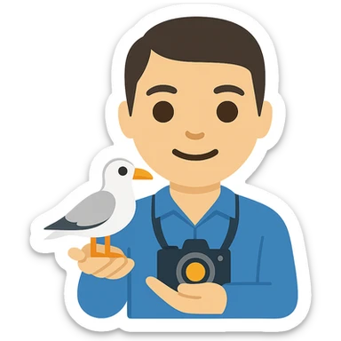 Minimalist emoji-style illustration of a smiling photographer holding a seagull in their hands and a camera around the neck. Simplified, clean lines, vibrant colors, small size sticker