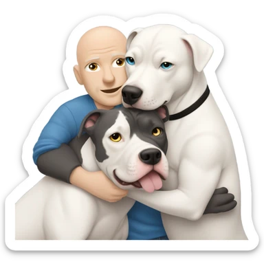 white bald man with blue eyes hugging large dark grey pit bull sticker