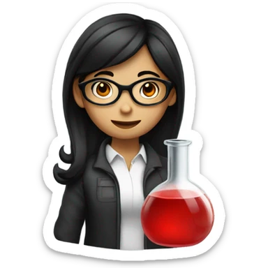 girl with black hair and glasses holding red lab sticker