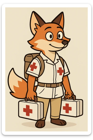 kitsune fox as a medic with a red cross, clean modern style sticker
