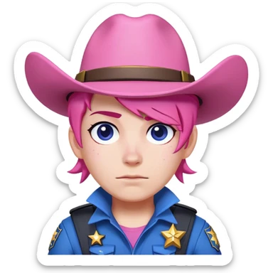An emoji of character colt from popular video game brawl stars. With pink hair, white skin and pink sideburns. He wears blue sheriff clothes sticker